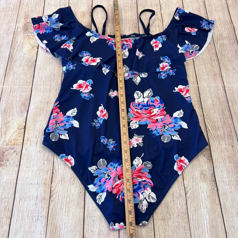 Ekouaer‎ Womens Floral Ruffle Off The Shoulder One Piece Swimsuit Navy Blue XL